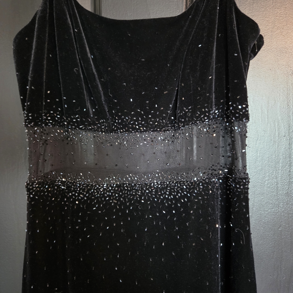 Betsy & Adam by Jaslene Black Velvet Gown with Sequin Mesh Waist - Picture 2 of 12